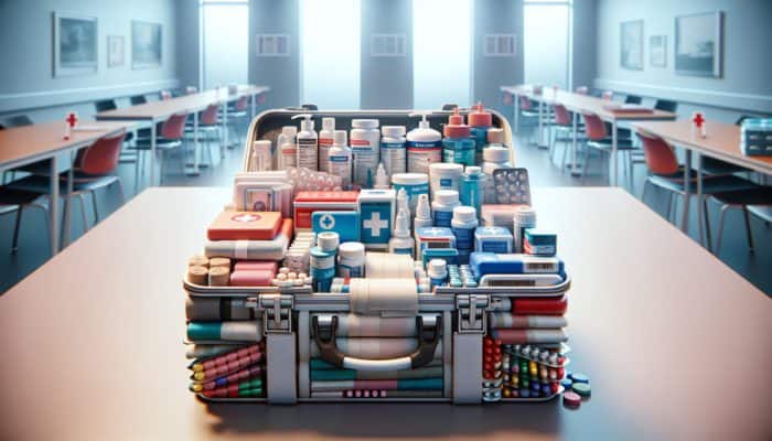 A well-organised first aid kit with bandages, antiseptics, pain relievers, and medications on a table.