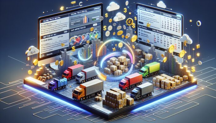 Digital interface showcasing budget-friendly truck rental options alongside moving boxes and an off-peak calendar.