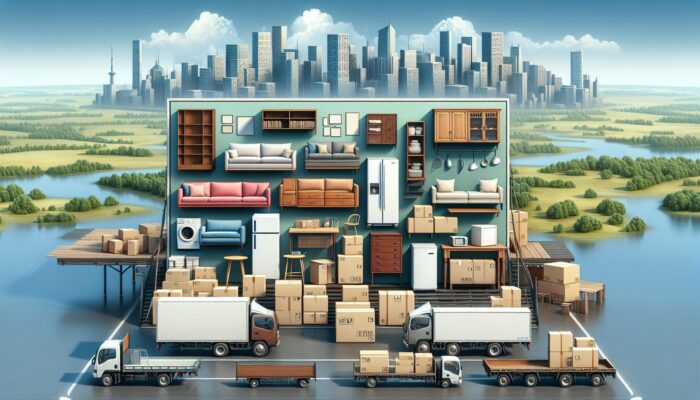 Furniture, appliances, and boxes loaded into various pickup trucks in urban and rural settings with diverse terrains.