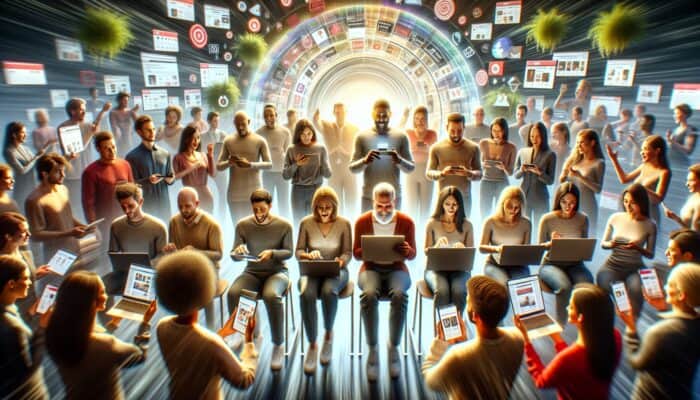 Utilising Customer Narratives for E-Commerce SEO: Diverse group of satisfied customers sharing shopping experiences on an e-commerce site, boosting SEO.
