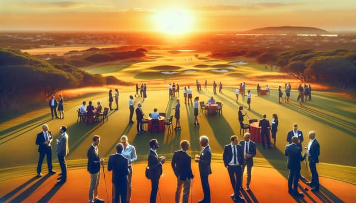 A tranquil South African golf course at sunset, perfect for relaxed business networking and fostering collaborations.