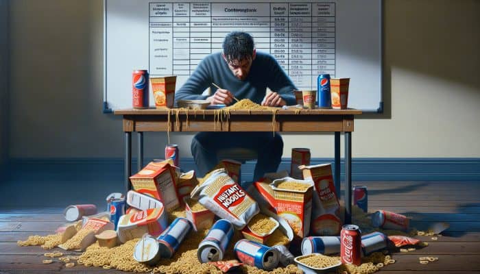 A fatigued UK worker amidst desk clutter of instant noodles, fast food, and energy drinks, struggling with nutrition due to long hours.