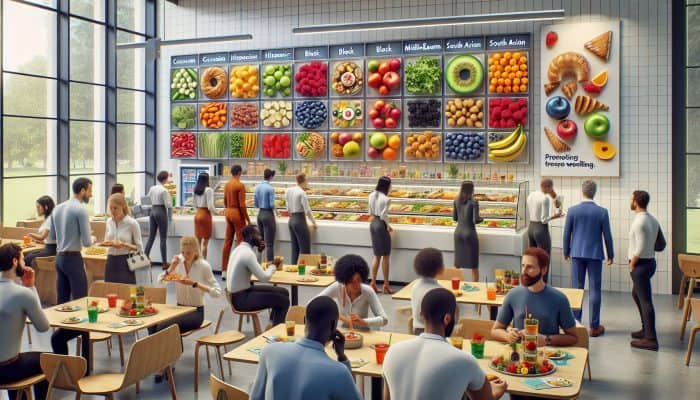 A bustling UK office cafeteria with diverse food options including salads, fruits, and pastries, alongside wellness posters.