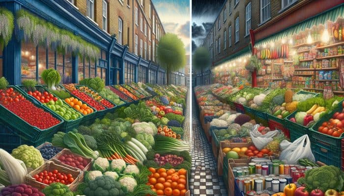 Affluent UK neighbourhoods with fresh produce markets versus food deserts with processed foods in lower socioeconomic areas.