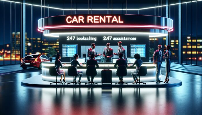 Modern car rental office illuminated at night with neon signs, experts discussing online bookings, 24/7 assistance desk lit up.