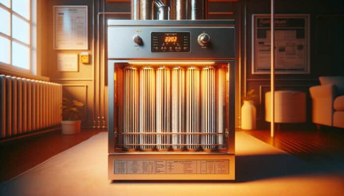 Furnace Services in Delta: A close-up of a well-maintained furnace with clean filters and shiny components in a cosy, warm-lit room.