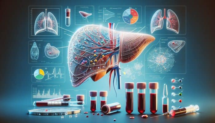 Advanced Liver Blood Test in Walton-on-Thames: A detailed medical illustration of a liver with labelled sections, vials of blood, and a chart of liver function test results in a clinical setting.