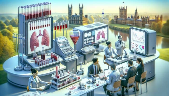 Illustration of advanced liver blood testing equipment and experts analysing results in Walton-on-Thames lab.