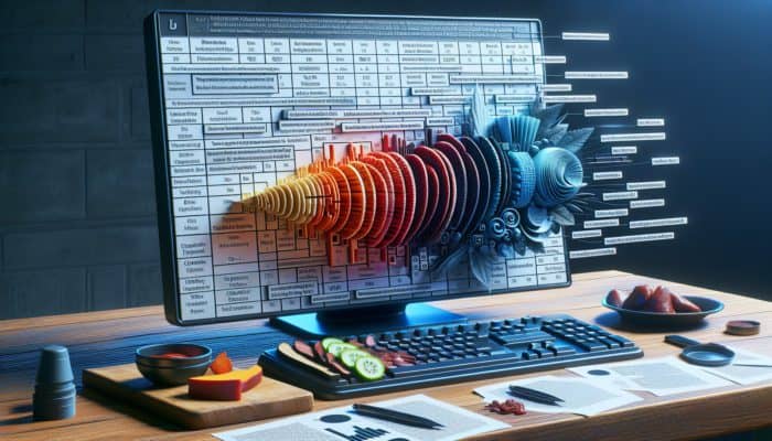 A spreadsheet on a computer screen showing categorized judges' feedback on BBQ entries with color-coded cells.