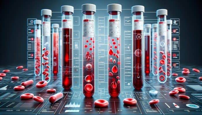 Illustration of a full blood count with labelled blood components and metrics in Oswestry.