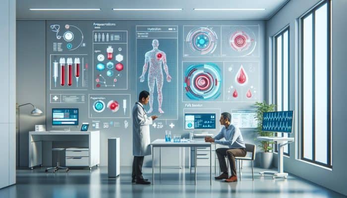 Patient discussing preparation for full blood count test with healthcare provider, surrounded by medical charts and hydration reminders.