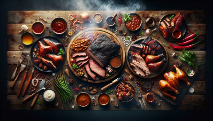 BBQ feast featuring Texas brisket, Carolina pulled pork, and chicken, showcasing distinct regional American flavours.