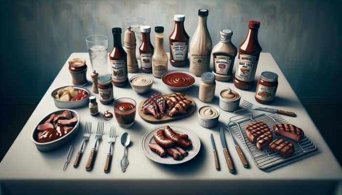 A table displaying Kansas City BBQ sauce in a jar, Alabama white sauce in a bowl, and a custom BBQ sauce in a bottle, along with grilling tools and meats.