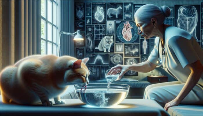 An elderly cat drinking water, with a vet monitoring hydration using a device in a cozy, well-lit room filled with health charts.
