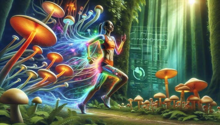 A runner participating in a marathon, energised by luminous mushroom supplements in a mystical forest filled with vibrant mushrooms.