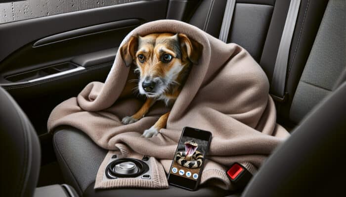 Anxious dog with favourite blanket in car, heading to vet after snake bite, snake photo on smartphone.