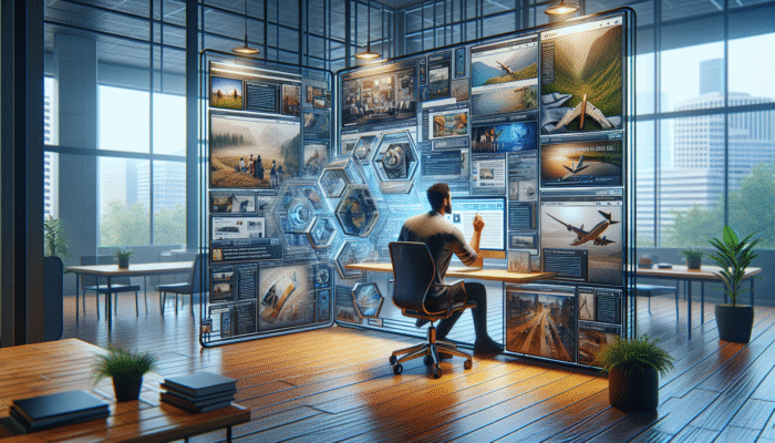 A digital marketing expert curates travel content in a modern office, boosting blog authority and backlinks.