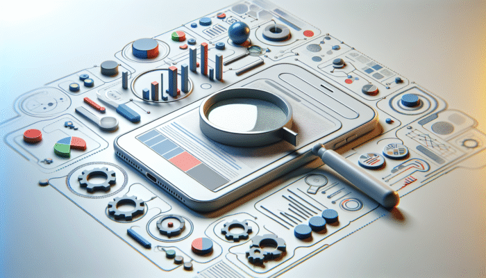 Smartphone displaying search results with optimised title tags, magnifying glasses, and graphs for mobile search optimisation.