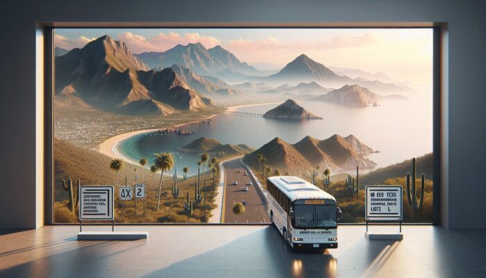 A scenic road trip from San Miguel de Allende to Puerto Vallarta with diverse landscapes and a modern bus at rest stops.