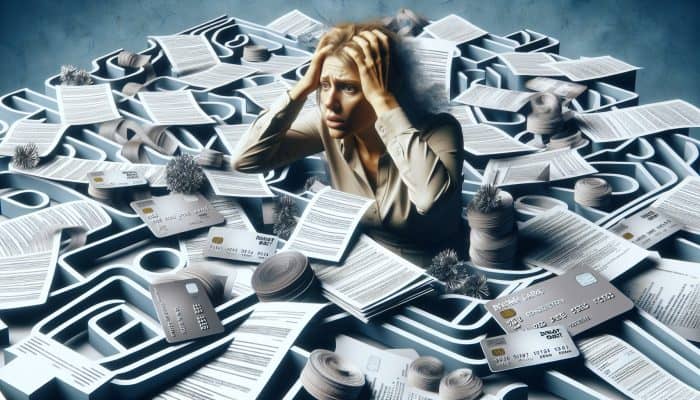 Individual overwhelmed by bills and credit cards, navigating the debt consolidation path into financial pitfalls.
