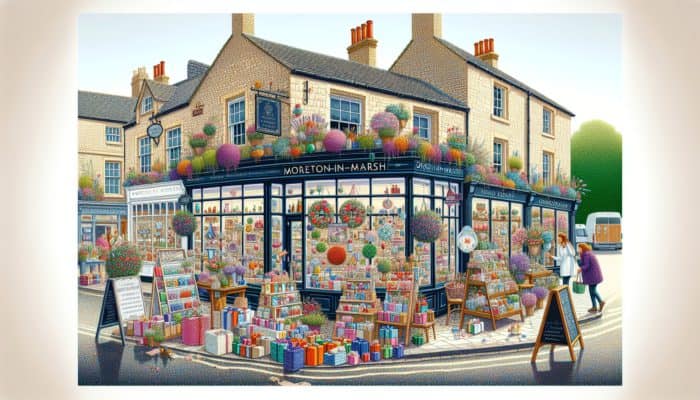 Local florist and café in Moreton-in-Marsh collaborating, displaying colourful gift packages and joint event banners, with satisfied customers.