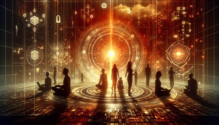 A digital interface with strong encryption symbols, users sharing data calmly, surrounded by a reassuring glow.