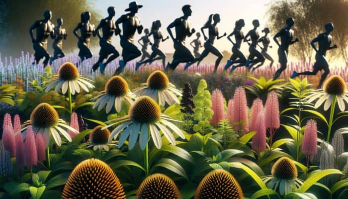 Echinacea and elderberry plants with athletes, symbolising immunity and vitality.