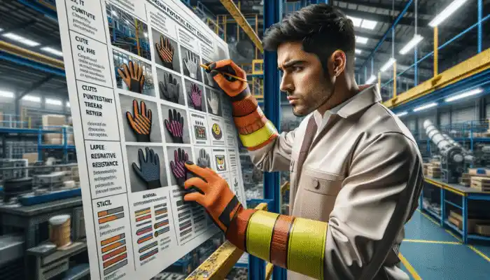 A factory worker wearing cut-resistant gloves examines the EN 388 standard chart.