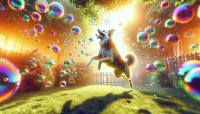 Bubble Chasing for Outdoor Pet Fun: A dog joyfully leaping and snapping at colorful bubbles in a sunlit garden, showcasing agility and excitement.
