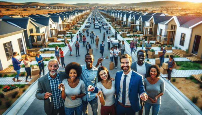 Modern, affordable homes under construction in Vryheid, with first-time buyers celebrating, symbolizing eased financial barriers and community growth.