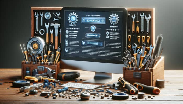 A cluttered workbench with high-quality tools, a computer showing positive reviews and warranties.