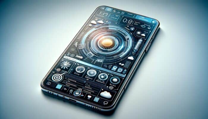 How to track zero-click search impact: Smartphone screen showing zero-click search: sunny weather forecast icons and recipe ingredients card in futuristic style.