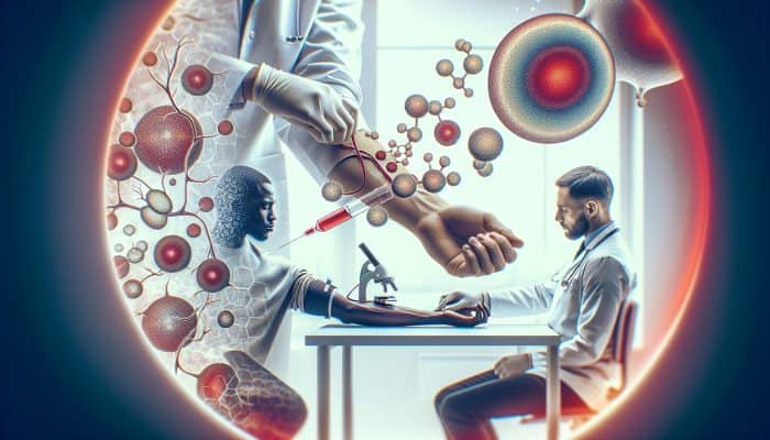 Illustration of a cortisol blood test: technician drawing blood, magnified cortisol molecules, adrenal glands, and hormone pathways in scientific style.