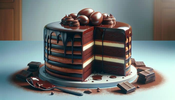 A layered chocolate cake with glossy ganache, made with large eggs and full-fat buttermilk.