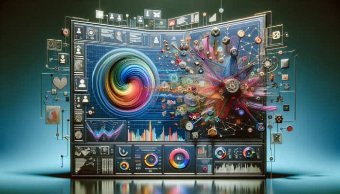 A digital dashboard showing influencer metrics like follower count, engagement rate, reach, and demographics with graphs and charts.