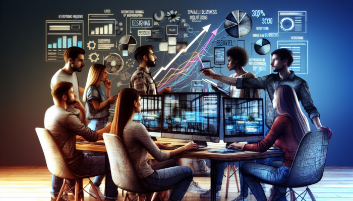 Team of web designers in a modern Poole office collaborates on a restaurant website redesign, analyzing screens and a 30% inquiry graph.