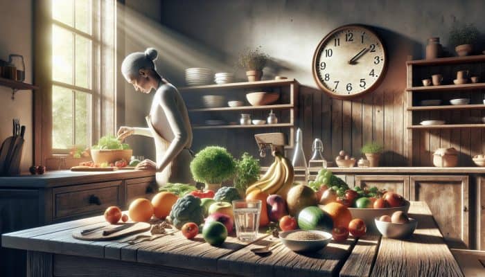 In a sunlit Oldham kitchen, a person arranges vibrant fruits, vegetables, and grains; a clock shows a 12-hour fast, with water nearby.