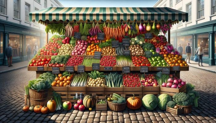 Affordable Grocery Shopping Tips: UK market stall showcasing seasonal produce: asparagus, rhubarb, strawberries, tomatoes, courgettes, peppers, pumpkins, apples, squashes, root vegetables, and kale.