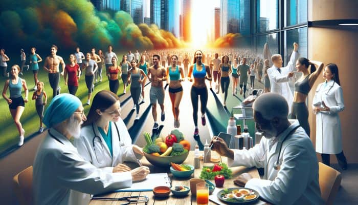 Diverse individuals at a modern clinic undergoing preventive health checks, followed by enjoying jogging, healthy meals, and vibrant energy.