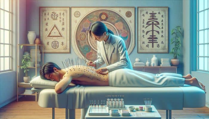 A serene therapy room with an acupuncturist treating a patient, blending traditional and modern healing practices.