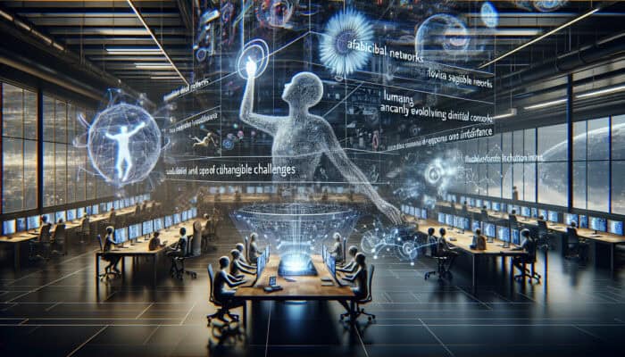 A futuristic workspace with humans collaborating with holographic assistants amid flexible digital networks and evolving tech interfaces.