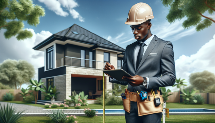 Real estate agent in hard hat inspects modern suburban home with clipboard, tape measure, and tablet under blue sky and greenery.