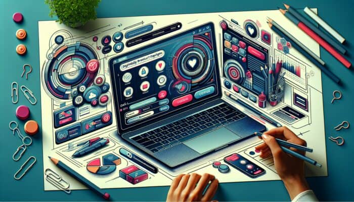 A vibrant digital illustration of a modern e-commerce page on a laptop, with intuitive navigation, easy buttons, and engaged users browsing.