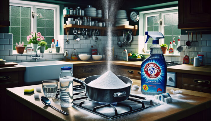 Bright UK kitchen: Bicarbonate of soda cleans a greasy pan, while vinegar sprays grime from sparkling glass tiles, showing affordable Tesco essentials under £5.