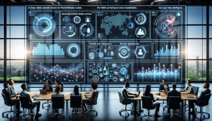 A digital dashboard in a modern office shows Google Analytics graphs tracking social media interactions and user behavior, with survey and testimonial icons, as diverse professionals analyze data.