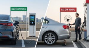 A split image showcasing an Electric Car charging at a station marked "ELECTRIC CAR RENTAL" on the left, and a man refueling a Gas Car under a "GAS CAR RENTAL" sign on the right. Both vehicles are outdoors against a city skyline, highlighting modern rental options.