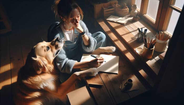 Journaling Pet Interactions: Pet owner journaling at a sunlit wooden desk, with their loyal dog nuzzling their leg, capturing a heartwarming bond.