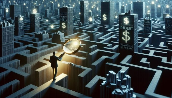 Strategies for Managing Vacation Debt: Effective Tips for UK Residents | DCL Navigator maneuvering through a shadowy maze of towering debt stacks and hidden fee traps, using a glowing magnifying glass to scrutinize lender documentation.