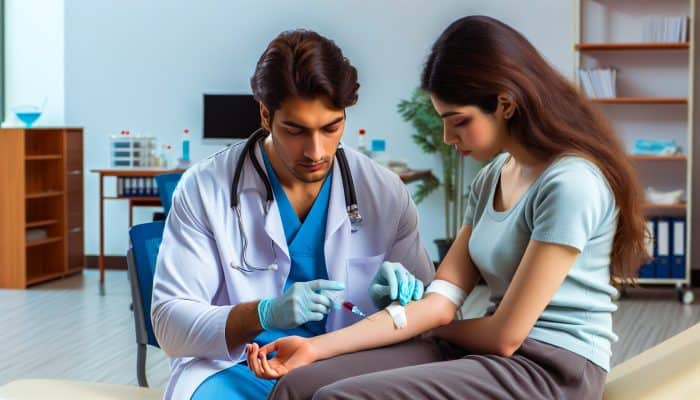 In a modern NHS clinic, a healthcare professional draws blood for a ferritin test from a relaxed patient.