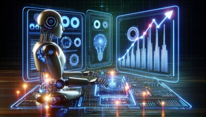 Futuristic AI robots analyse keywords with SEMrush in a digital workspace; glowing graphs show rising SEO rankings and traffic growth.